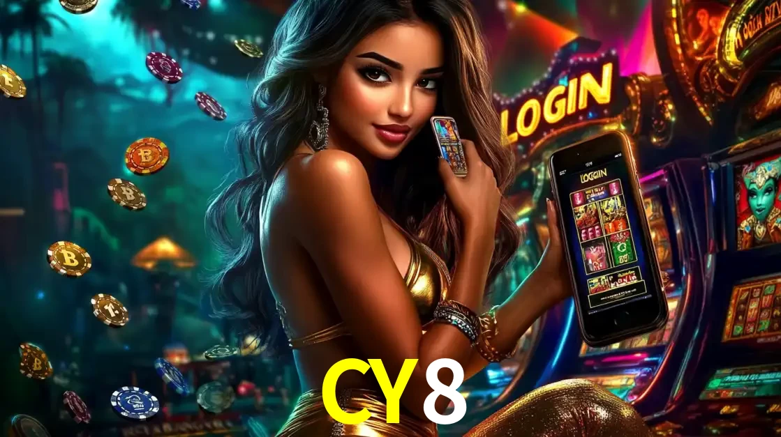 Mulher em um cenário de cassino temático de aventura, mostrando o app de caça-níqueis da CY8 no celular. Fichas de apostas flutuam ao redor.