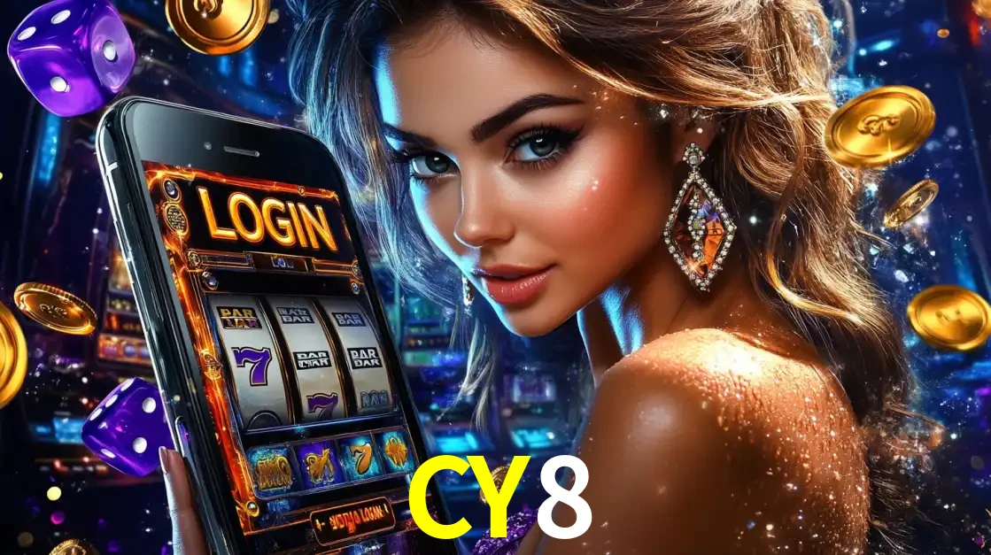 Mulher glamorosa segurando um smartphone com a tela de login para os jogos de caça-níqueis do cassino online CY8, com moedas de ouro e dados ao redor.