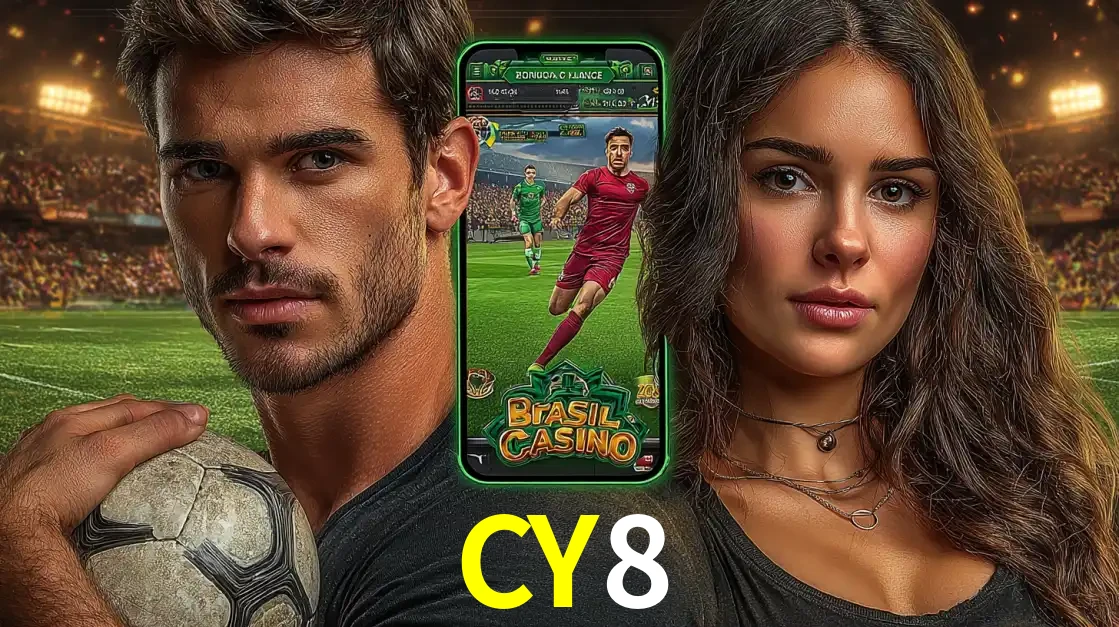 Homem segurando uma bola de futebol e uma mulher ao lado de um smartphone exibindo o jogo de apostas esportivas da CY8. Faça seu palpite no cassino online.